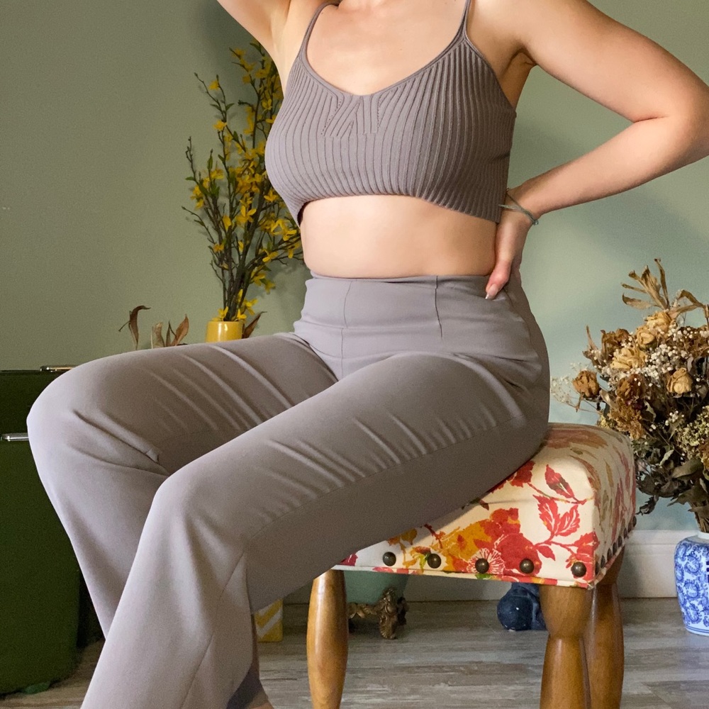 High waisted grey wide legged pants.